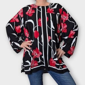Liz Claiborne Semi Sheer Black Blouse with Red Floral Design Size 3X